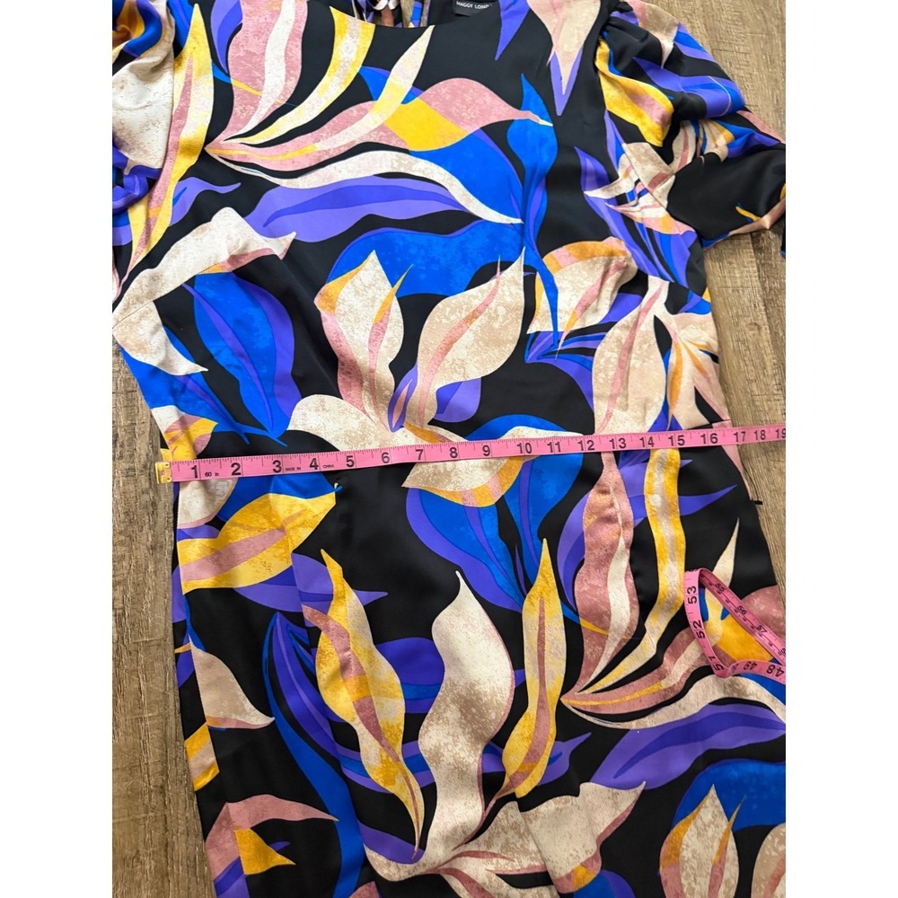 Maggy London Blue Purple Botanical Leaf Print Ruffle Hem Midi Dress Size 14 - Picture 12 of 12